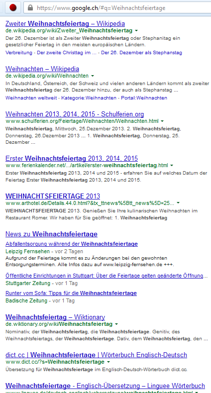 Google-Suche Schweiz: Zu einhundert Prozent am Kunden vorbei (Bildschirmfotoausriß: Google.ch-Suchergebnisse für das Suchwort Weihnachtsfeiertage)