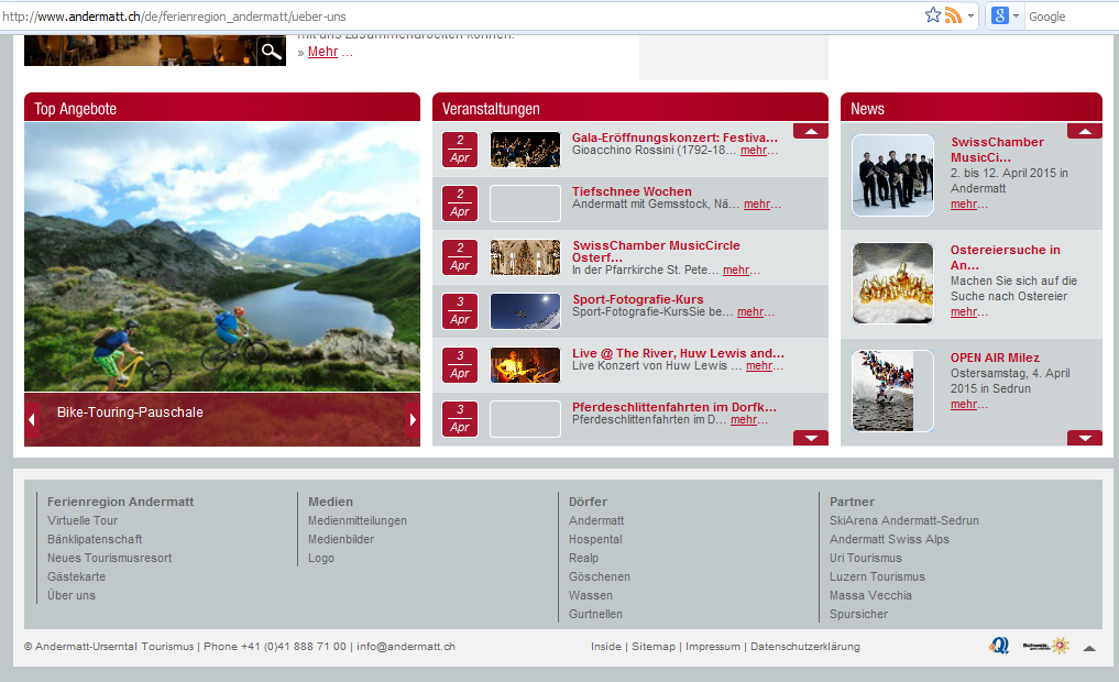 Bildschirmfotoausriß: Webseite von Andermatt-Sedrun. Sie wirkt altbacken und unfreundlich