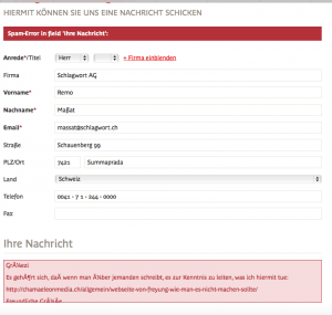 Die Kontaktaufnahme mit Freyung scheitert am Kontaktformular der Stadt... Sobald auch nur ein einziger Link (im Internetzeitalter!) angegeben wird, wird seitens der Webprogrammierung die Kontaktaufnahme als "Späm" gewertet. Unglaublich.