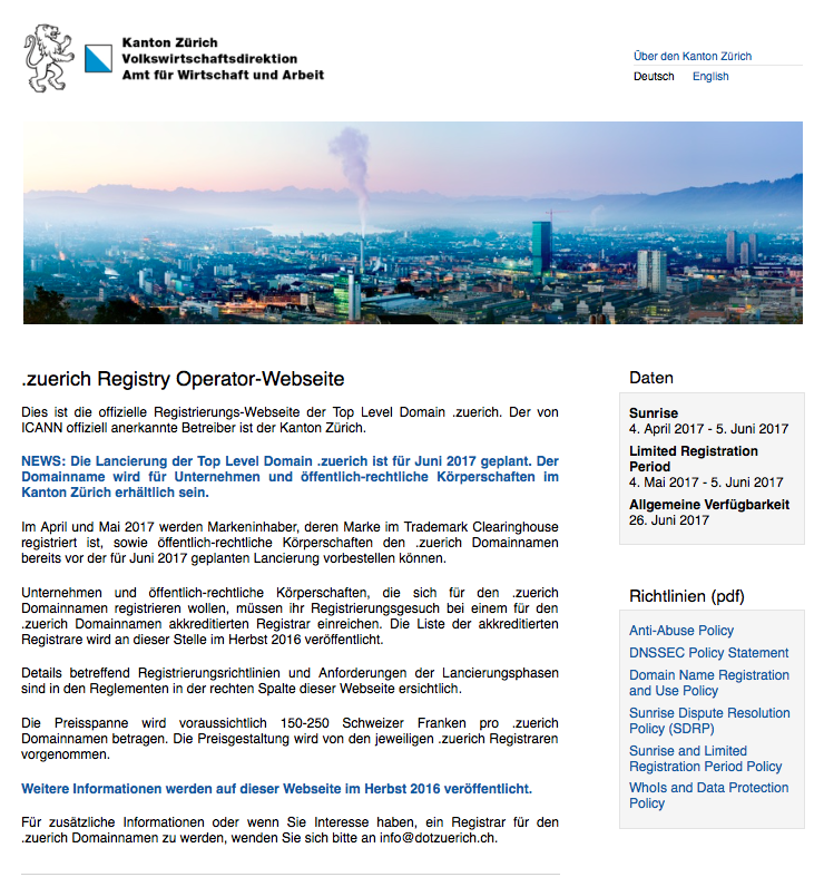 Man glaubt es kaum, aber das soll die offizielle Webseite der "zuerich"-Domain sein