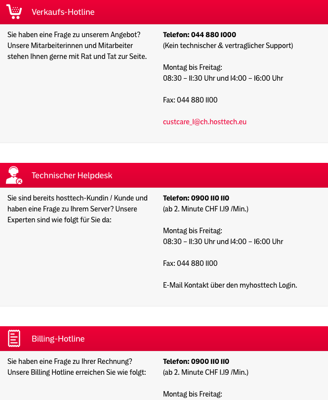Hosttech: Wer technischen Support braucht, für den wird das Hosting rasch mal einige 100% teurer, je nach Anrufdauer (Bildschirmfotoausriß: Hosttech)