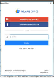 Plötzlich kann man das Programm nicht mehr starten, ohne sich vorher anzumelden und Daten preis-zu-geben von sich. Das erfährt man erst nach der Installation von Polaris-Office. Dabei steht auf der Webseite, das Programm sei gratis und nicht, daß man es mit Daten bezahlten muß von sich.