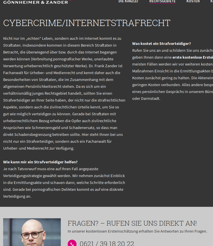 Internetkriminalität in Form von Serienabmahnungen wurde jahrelang zum Nachteil des Rechtsstaats in Deutschland von den Gerichten geschützt. Inzwischen wandelt sich aber die Rechtsprechung, weil auch die Richter erkannt haben, daß manche Fotografen und andere Urheber ganz bewußt auf Kosten anderer mittels Abmahnungen Geld 'verdienen' wollen. Aber ohne Kenntnis des deutschen Rechts hat man hier vor Gericht keine Chance. Man kann bei ungerechtfertigten Abmahnungen mit überrissenen Geldforderungen sich aber durchaus wehren, etwa indem man Gegenklage erhebt wenn man nachweisen kann, daß der Fotograf gewerblicher Abmahner ist (Bildausriß: Internetpräsenz einer auf Internetkriminalität spezialisierten Anwaltskanzlei, Quelle: )